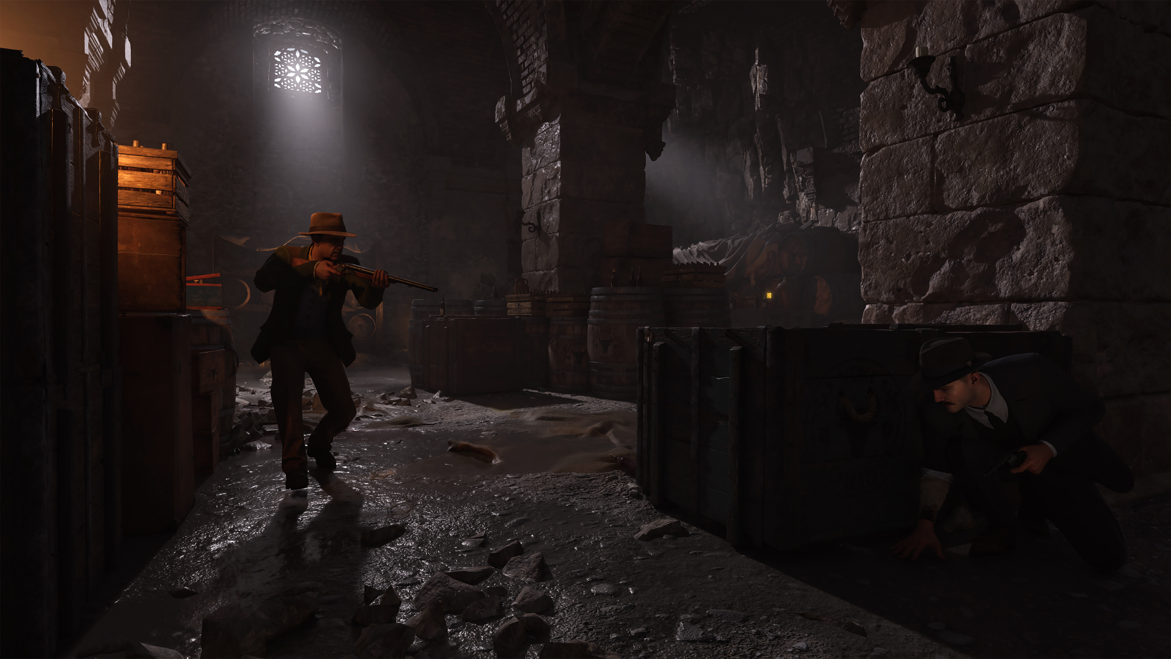 Underground cellar, shaft of light from a tracery window on an advancing gunman