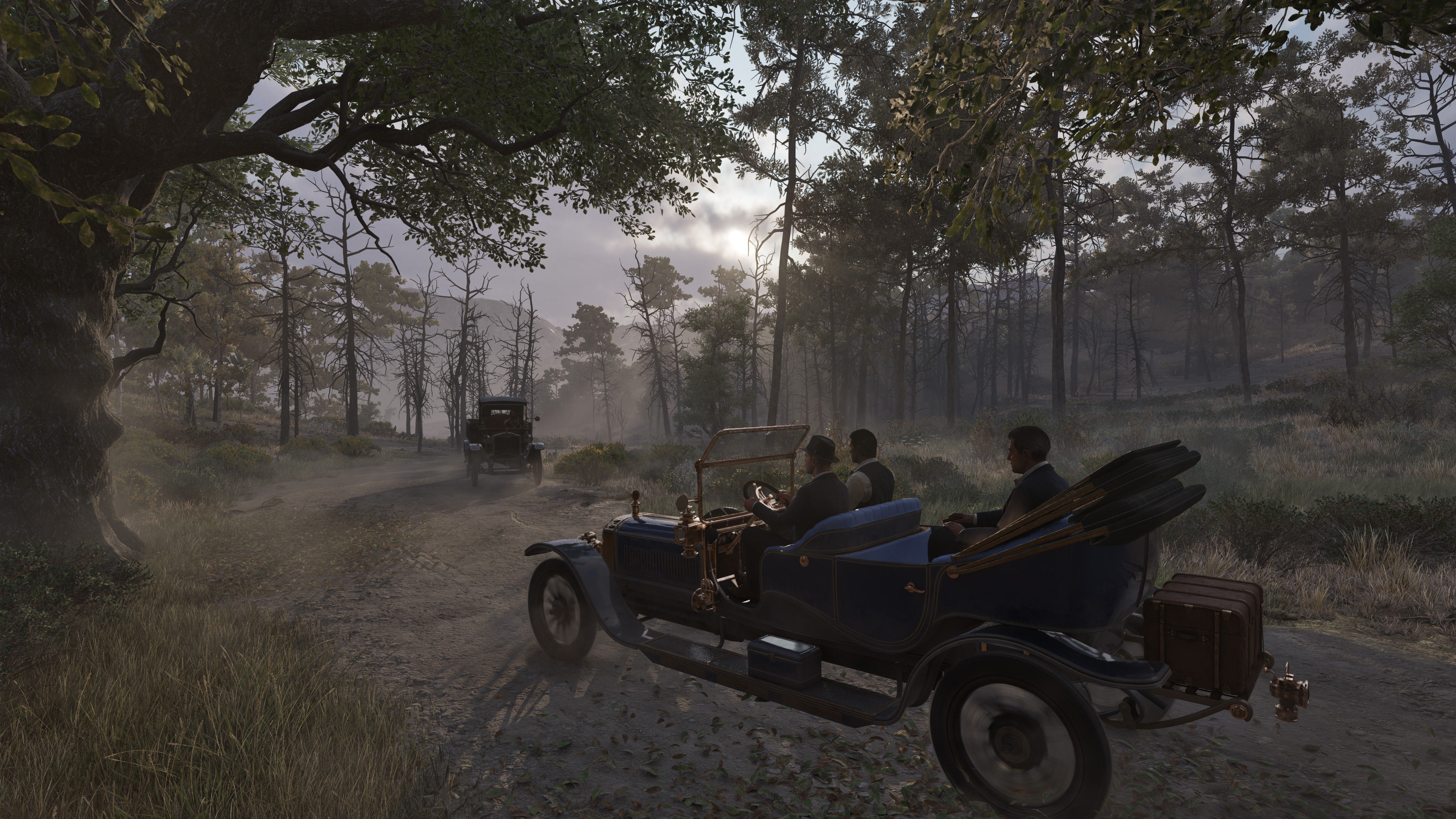 Open car on a misty forest road, sun low behind the trunks