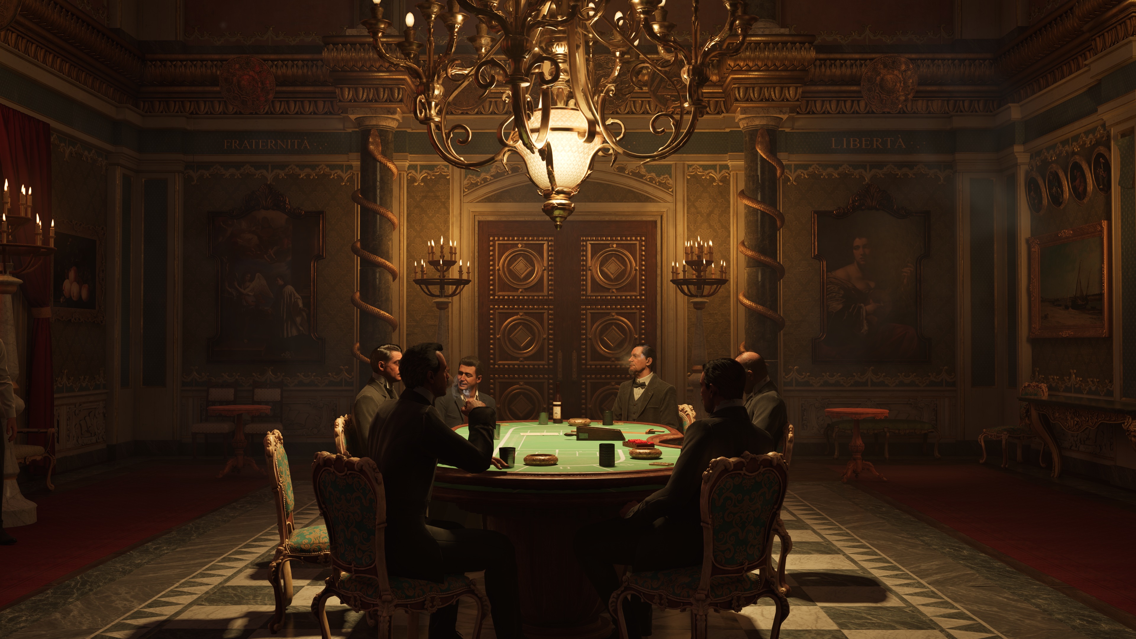 Masonic lodge gaming room lit by a large chandelier, card table and members