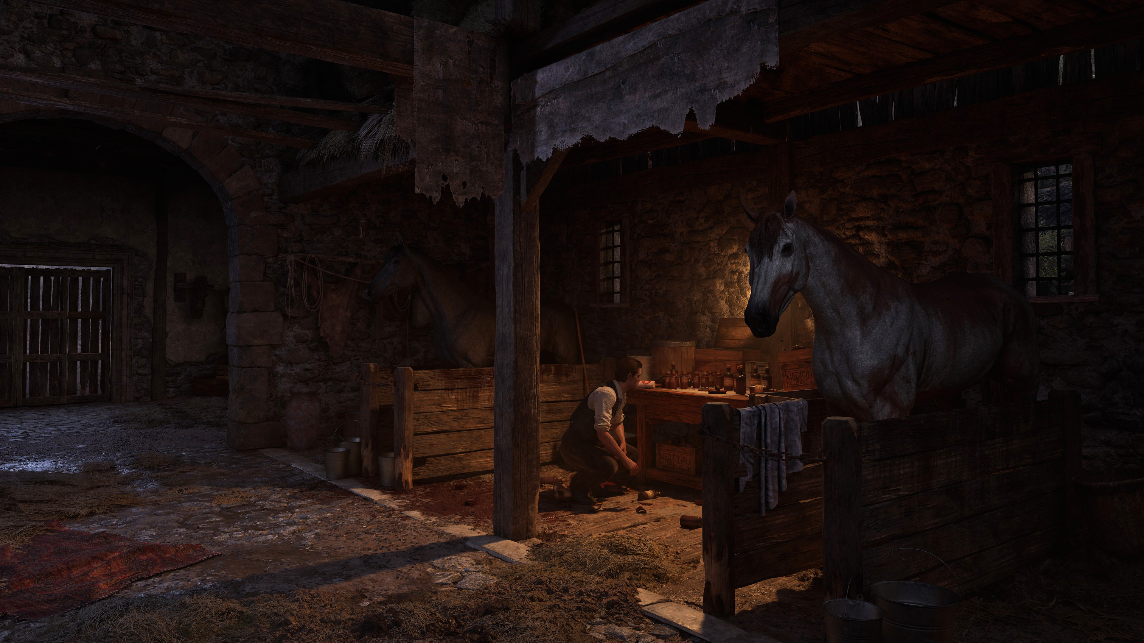 Dark stable lit by a single lamp, horse and figure at a workbench