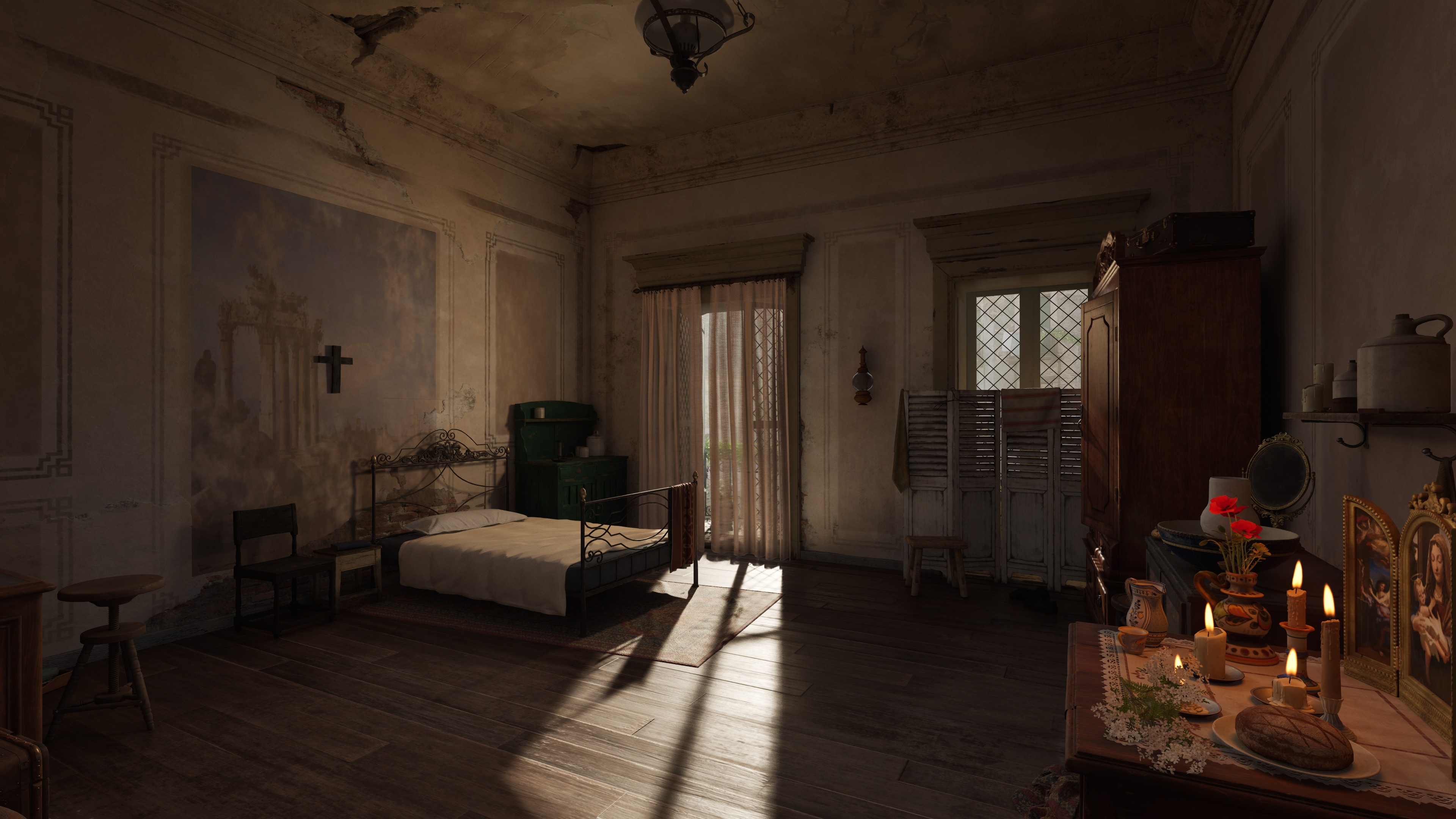 Apartment bedroom, hard window light across the floor, candle shrine opposite